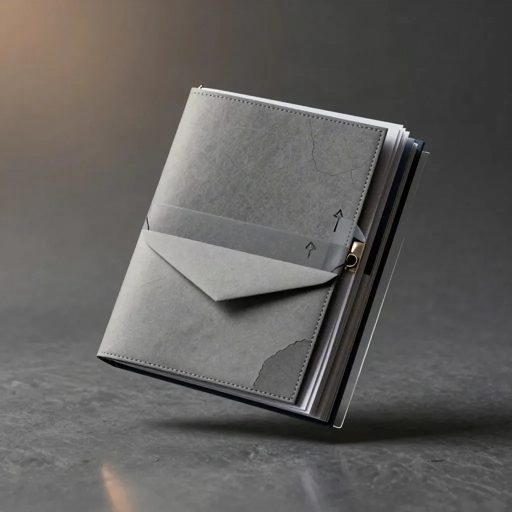 Charcoal market entry audit folio with tabs, research slips, and envelope floating in moody studio light.