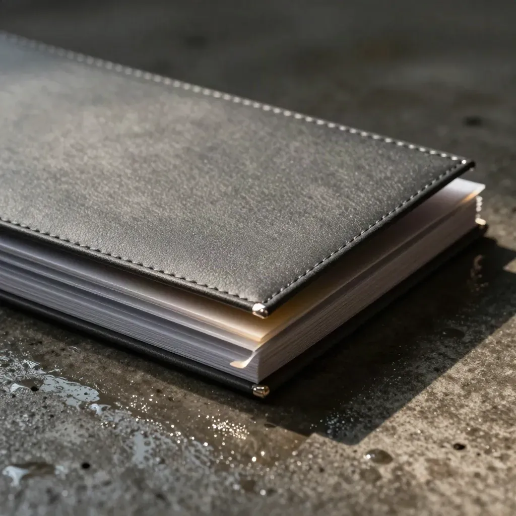 Wet pricing report folio with silver tabs and sealed sleeve on rain-dark concrete.