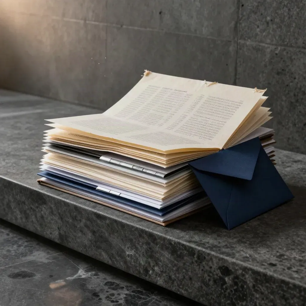 Open audit bundle with folio, packet and navy ribbon-tied envelope on dark stone.