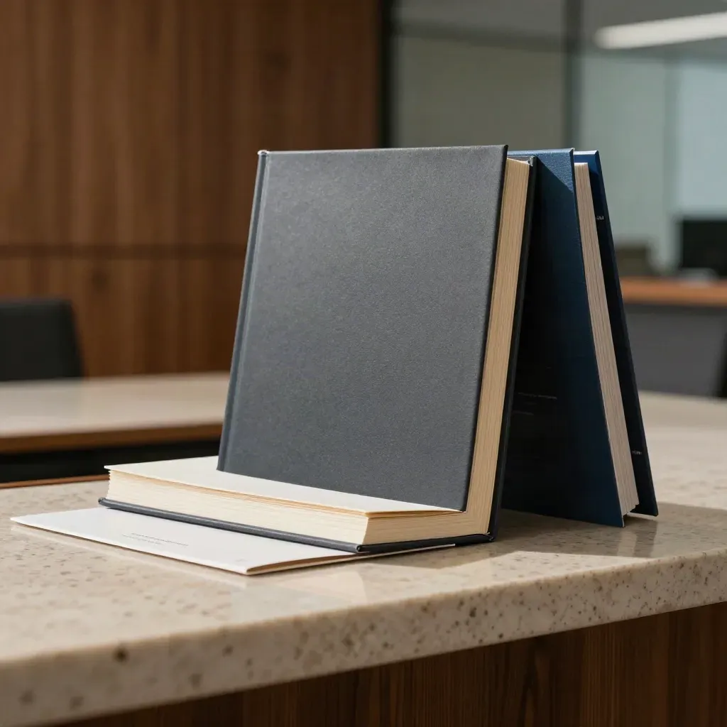 Partly open board-review folio with tabbed inserts and a courier sleeve on travertine.