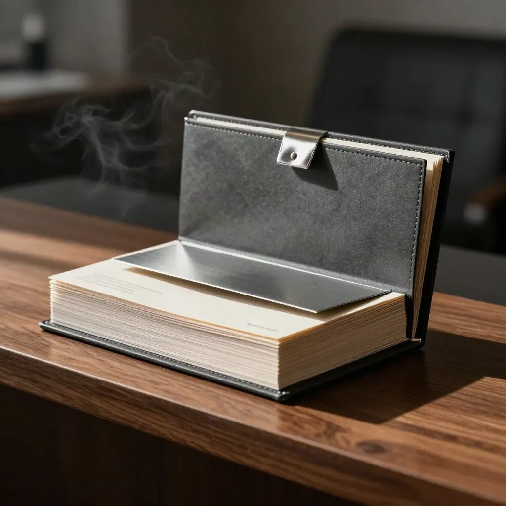 Compact customer call summary packet with silver accents in a dark executive setting.
