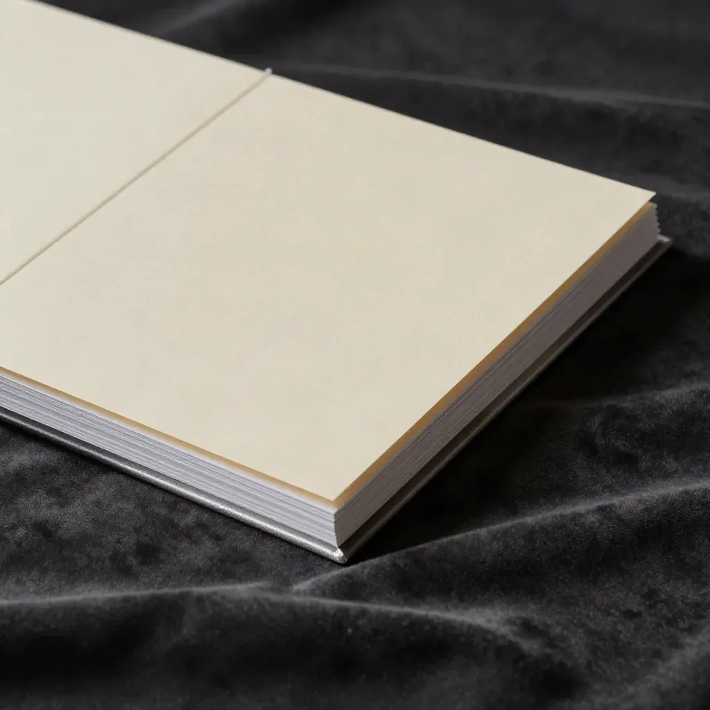 Charcoal fabric holds a translucent consulting folio with frosted tabs, lit by a soft silver edge.