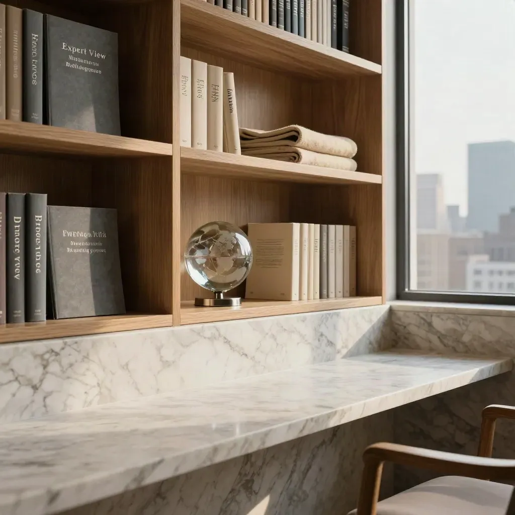 Warm marble library lounge with oak shelves, report volumes, skyline haze, and an empty travertine ledge.